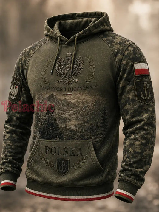Męski polski wojskowy sweter z kapturem o oversized kroju i opadającymi ramionami z kieszeniami - A / S
