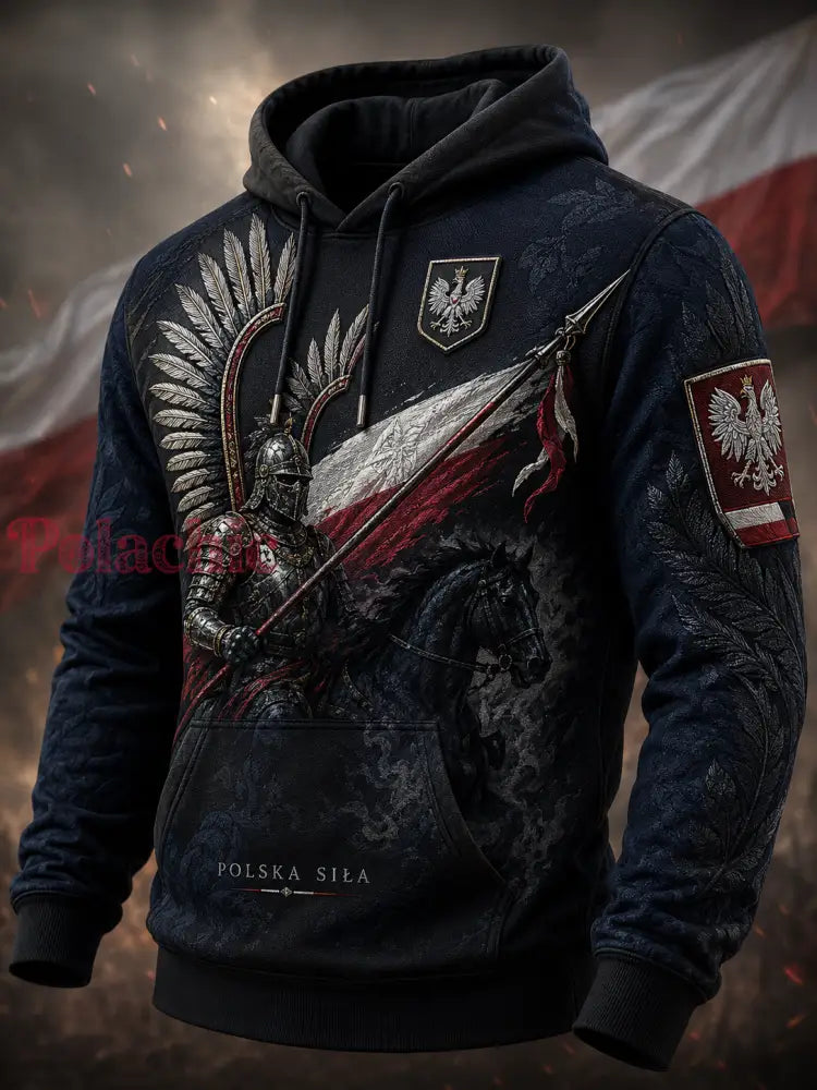 Męski polski wojskowy sweter z kapturem o oversized kroju i opadającymi ramionami z kieszeniami - A / S