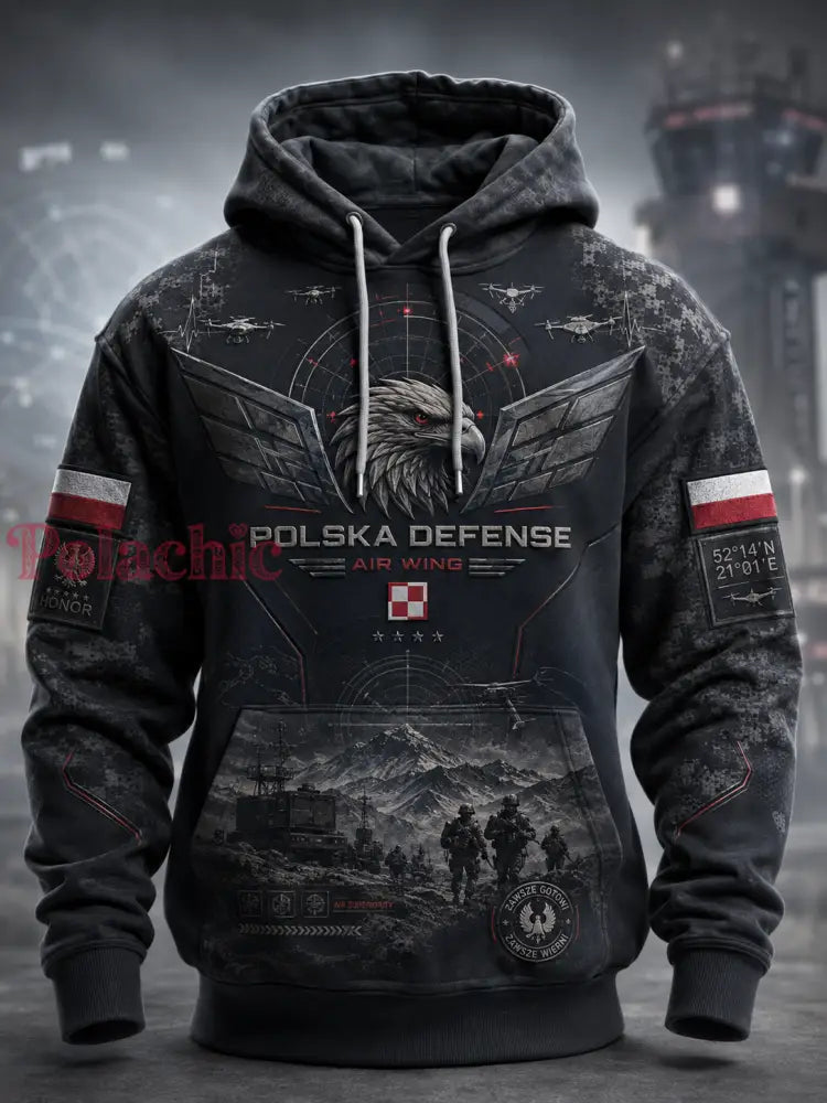 Męski polski wojskowy sweter z kapturem o oversized kroju i opadającymi ramionami z kieszeniami - A / S