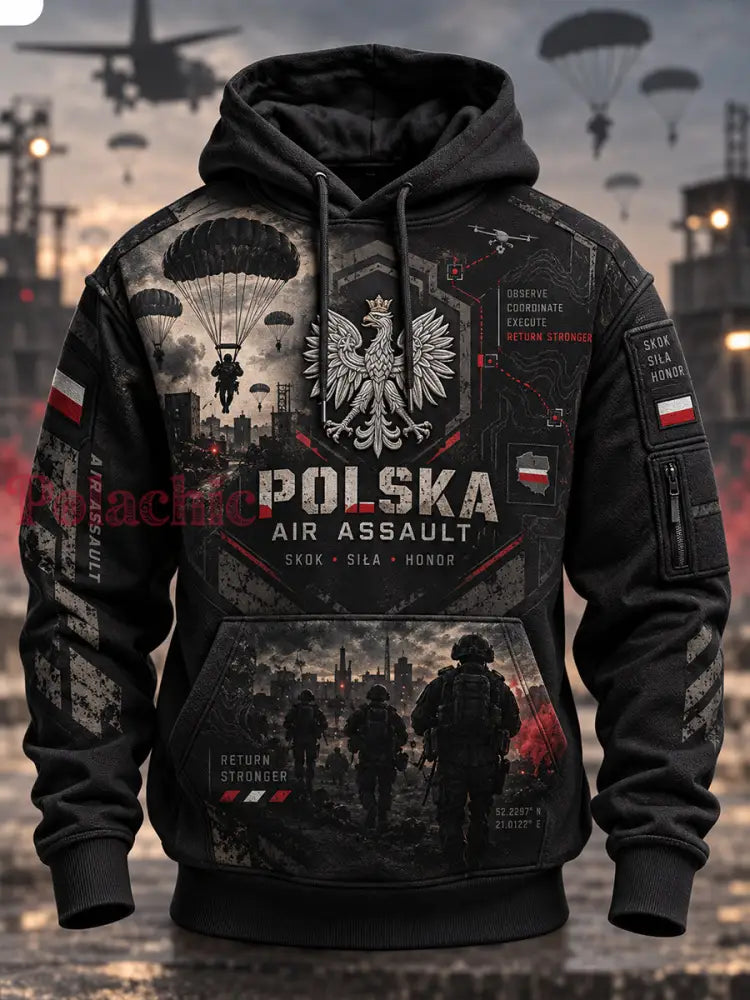 Męski polski wojskowy sweter z kapturem o oversized kroju i opadającymi ramionami z kieszeniami - A / S