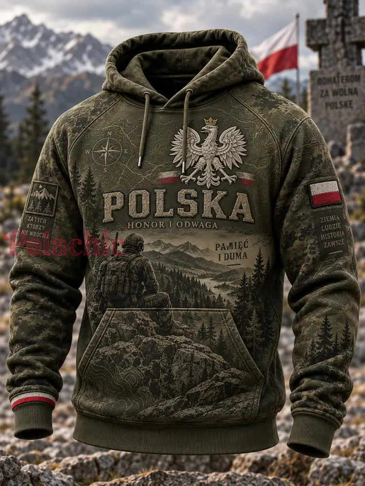 Męski polski wojskowy sweter z kapturem o oversized kroju i opadającymi ramionami z kieszeniami - A / S