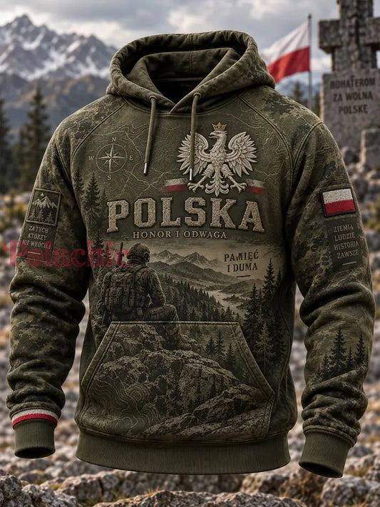 Męski polski wojskowy sweter z kapturem o oversized kroju i opadającymi ramionami z kieszeniami - A / S