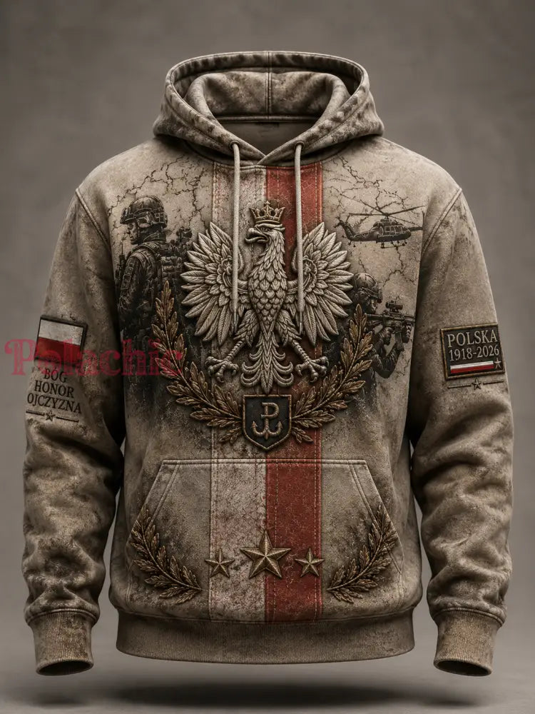 Męski polski wojskowy sweter z kapturem o oversized kroju i opadającymi ramionami z kieszeniami - A / S