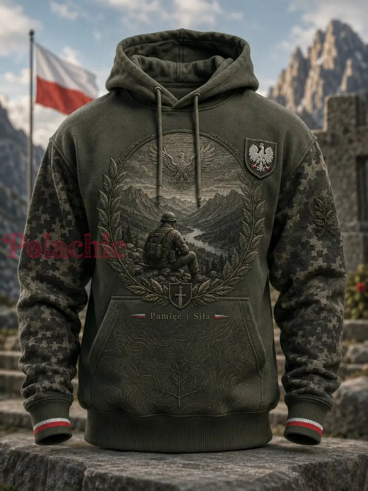 Męski polski wojskowy sweter z kapturem o oversized kroju i opadającymi ramionami z kieszeniami - A / S