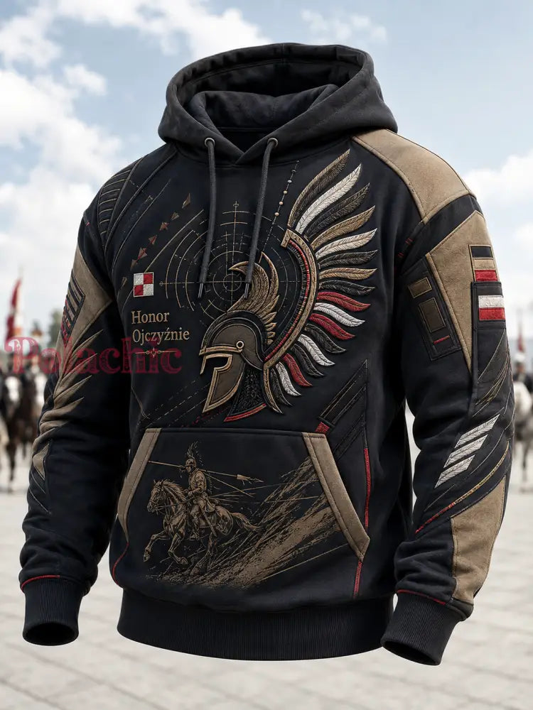 Męski polski wojskowy sweter z kapturem o oversized kroju i opadającymi ramionami z kieszeniami - A / S