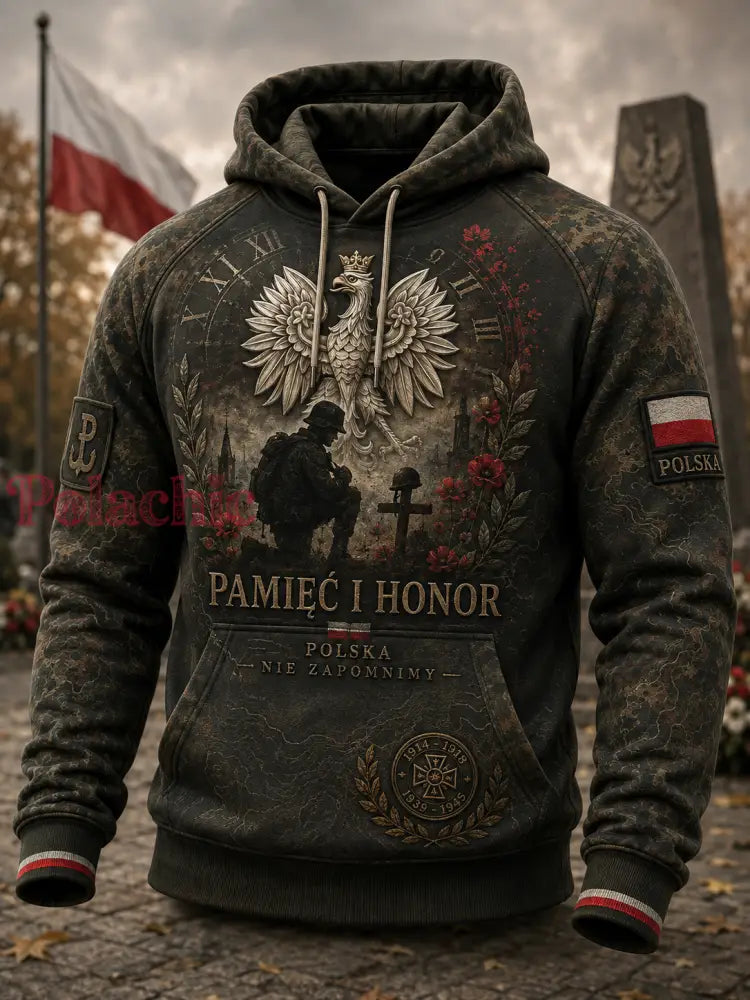Męski polski wojskowy sweter z kapturem o oversized kroju i opadającymi ramionami z kieszeniami - A / S