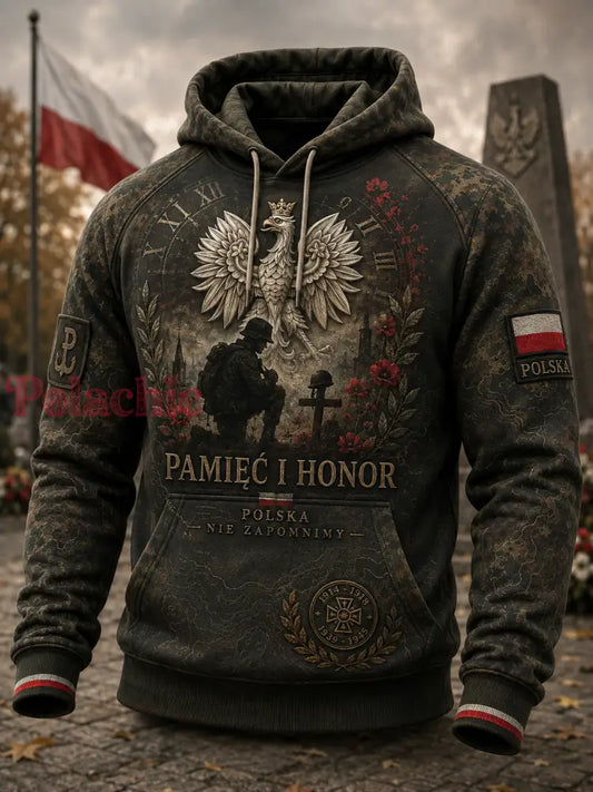Męski polski wojskowy sweter z kapturem o oversized kroju i opadającymi ramionami z kieszeniami - A / S