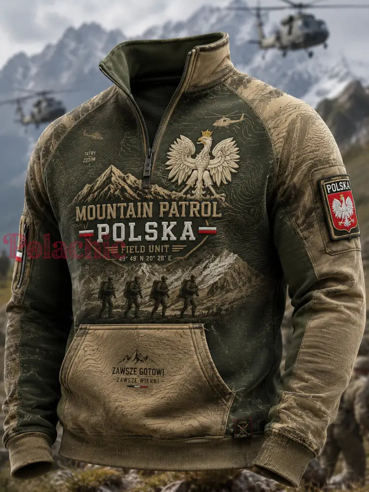 Męski polski wojskowy sweter z półzapinającym się zamkiem i stójką - A / S