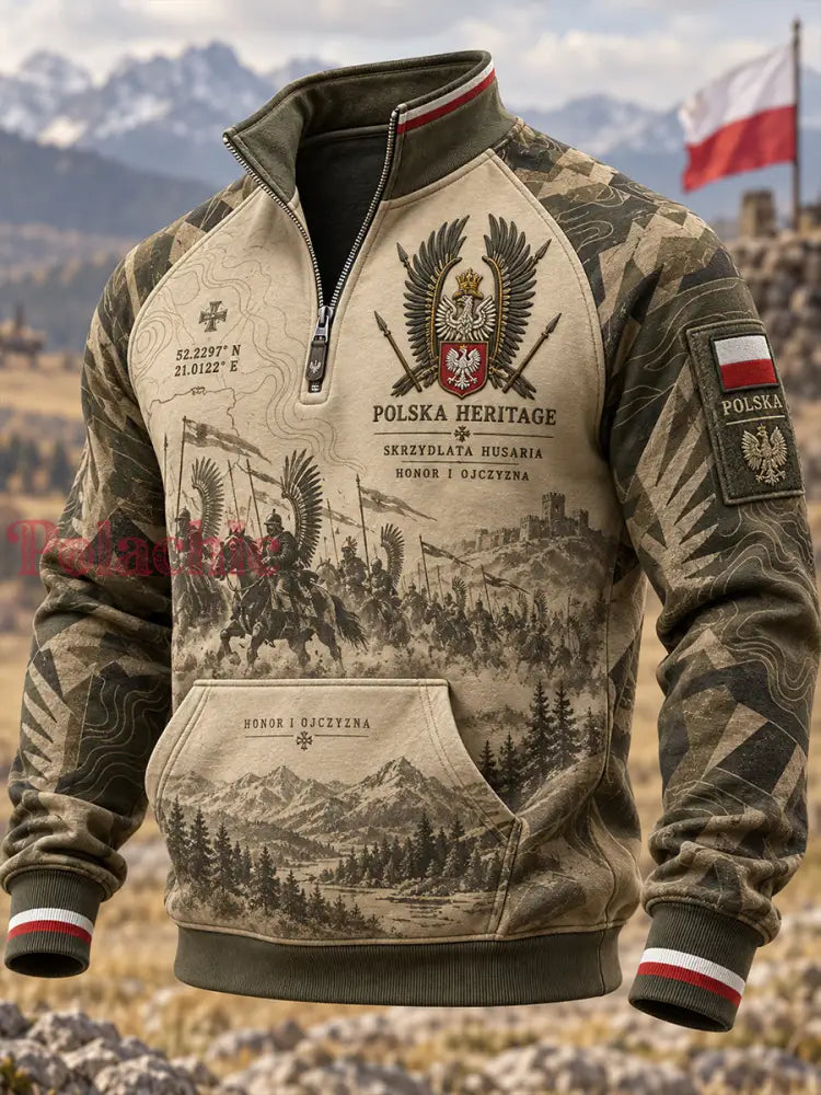 Męski polski wojskowy sweter z półzapinającym się zamkiem i stójką - A / S