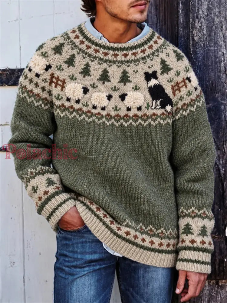 Męski sweter w stylu vintage z nadrukiem przedstawiającym kolkę i owce na farmie - Zielony / S