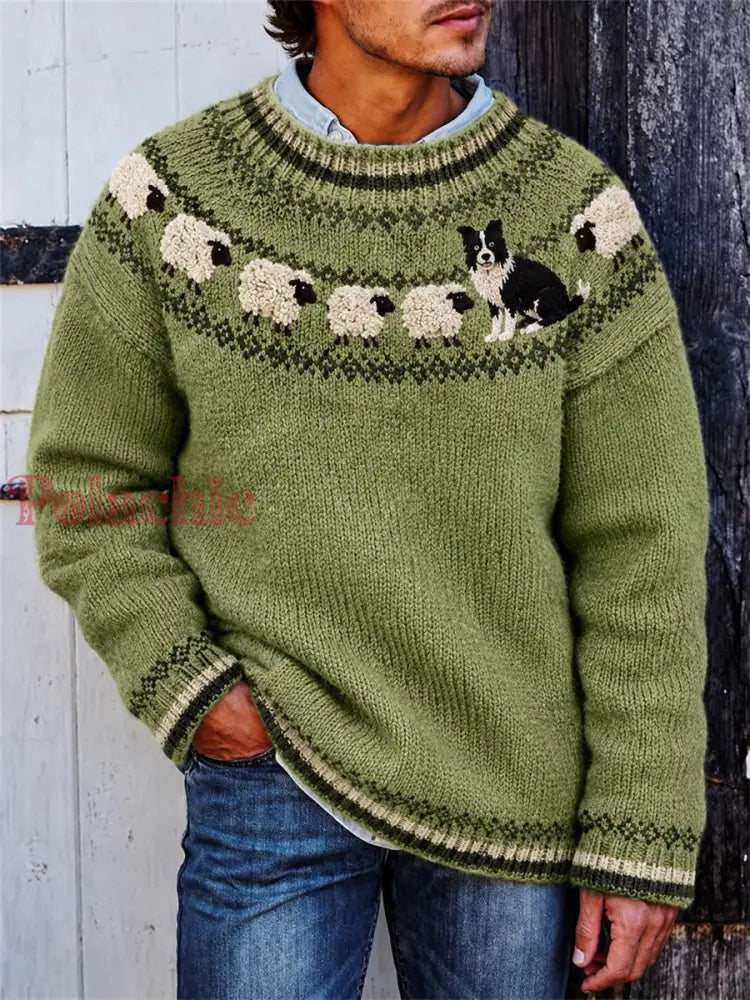 Męski sweter z nadrukiem w stylu vintage Farm Border Collie & Sheep Yoke Isle - Zielony / S