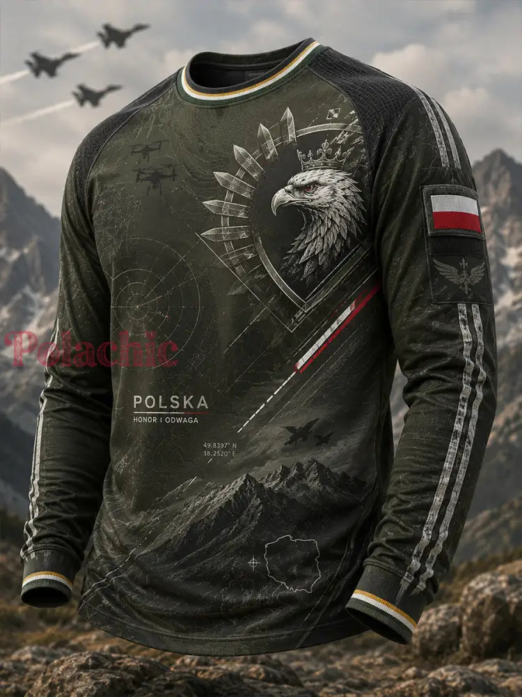 Męski t-shirt z długim rękawem w paski w stylu polskiej kultury wojskowej - A / S