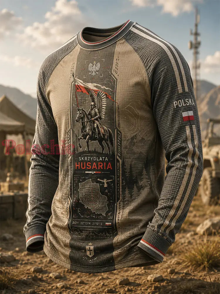 Męski t-shirt z długim rękawem w paski w stylu polskiej kultury wojskowej - A / S