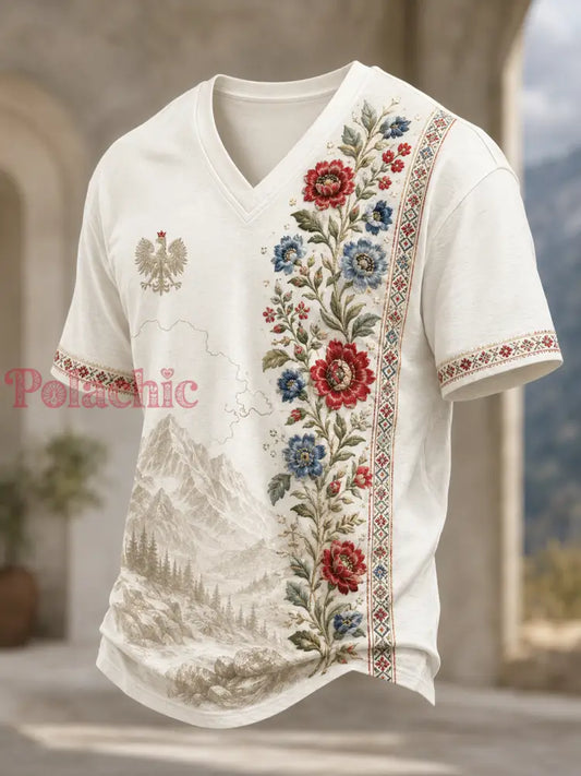 Męski t-shirt z V-kształtnym dekoltem w kolorze polskiej flagi