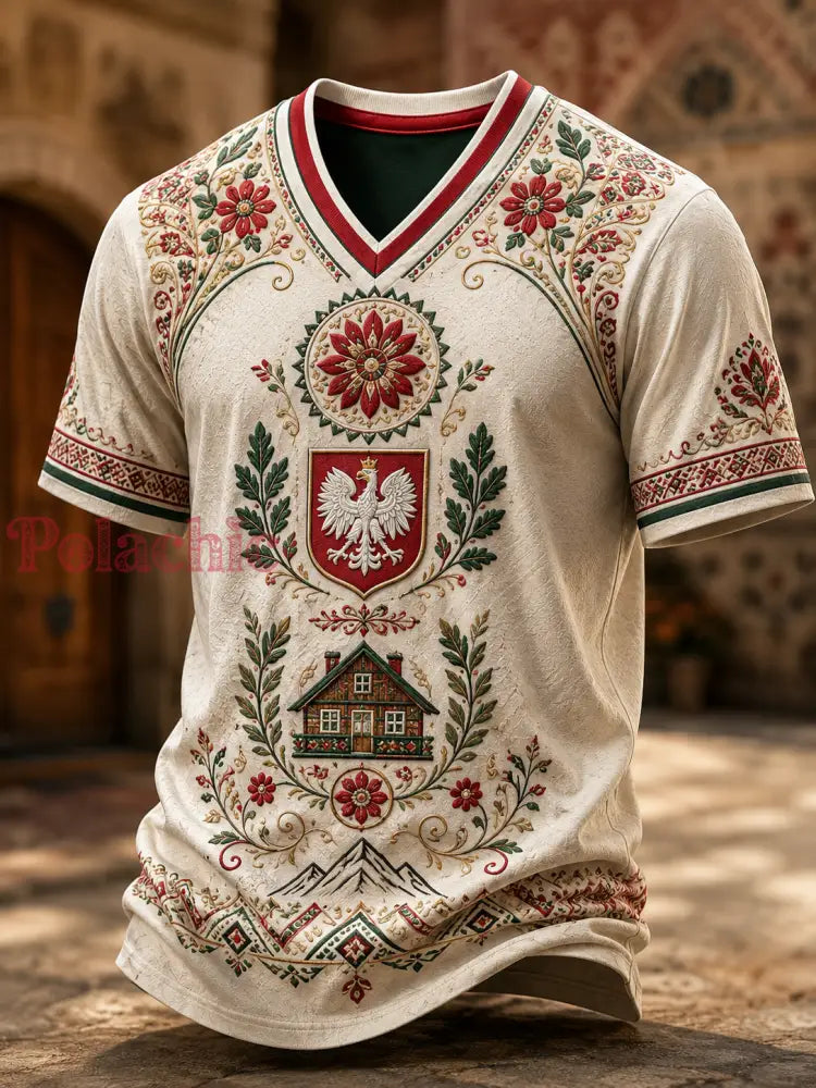 Męski t-shirt z V-kształtnym dekoltem w kolorze polskiej flagi - A / S