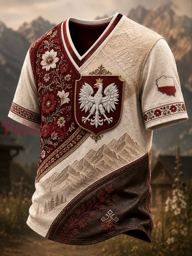 Męski t-shirt z V-kształtnym dekoltem w kolorze polskiej flagi - A / S