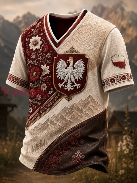Męski t-shirt z V-kształtnym dekoltem w kolorze polskiej flagi - A / S