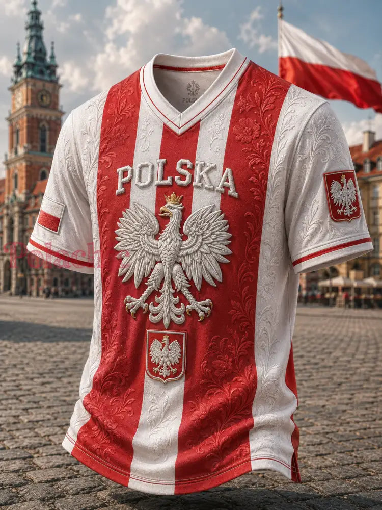 Męski t-shirt z V-kształtnym dekoltem w kolorze polskiej flagi - A / S