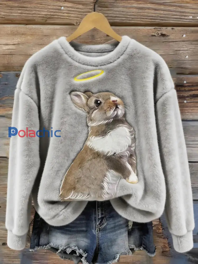 Mignon Bunny Art col rond confortable flanelle Sweatshirt des femmes Gris / S