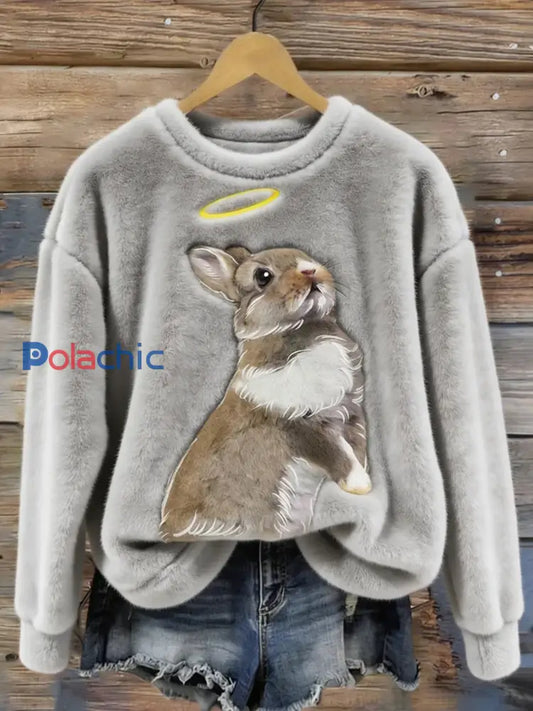 Mignon Bunny Art col rond confortable flanelle Sweatshirt des femmes Gris / S