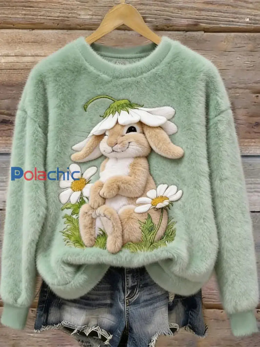 Mignon Bunny Art col rond confortable flanelle Sweatshirt des femmes Vert Clair / S