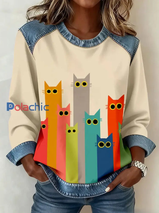 Mignon Chat Imprimer Denim Patchwork Sweatshirt des femmes comme image / S