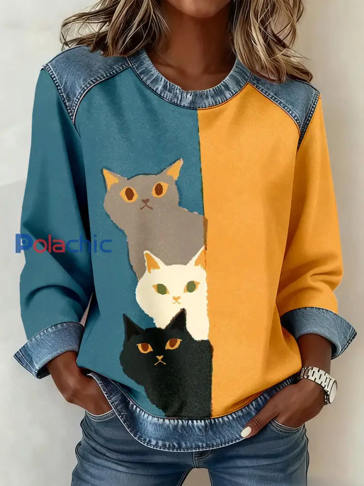 Mignon Chat Imprimer Denim Patchwork Sweatshirt des femmes comme image / S