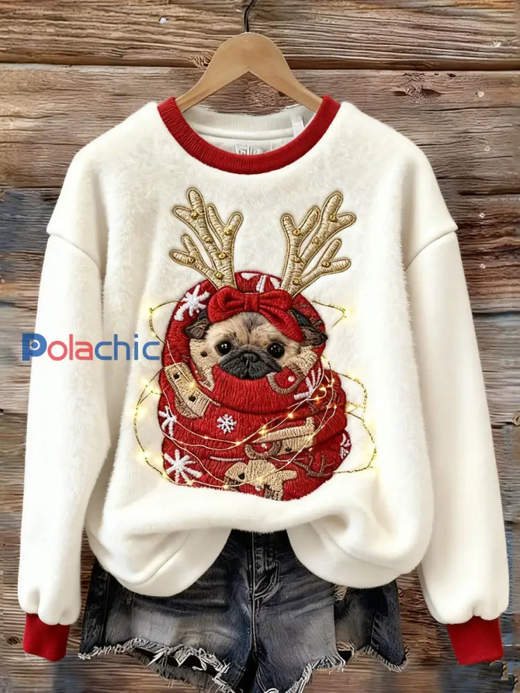 Mignon chien de Noël Art Print Flanelle Casual Sweatshirt Blanc / S