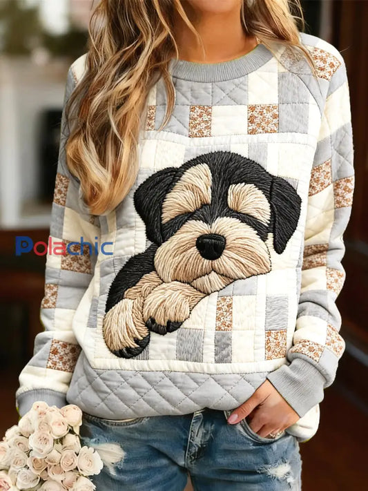 Mignon chiot Vintage Patchwork Imprimer Sweat-shirt à manches longues des femmes Gris / S