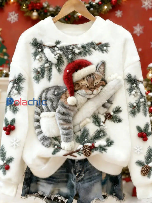 Mignon de Noël Cat Art Print Casual Flanelle Hoodie des femmes Blanc / S