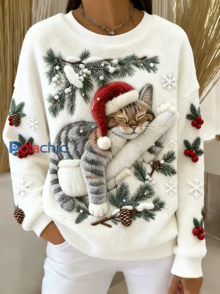 Mignon de Noël Cat Art Print Casual Flanelle Hoodie des femmes Blanc / S
