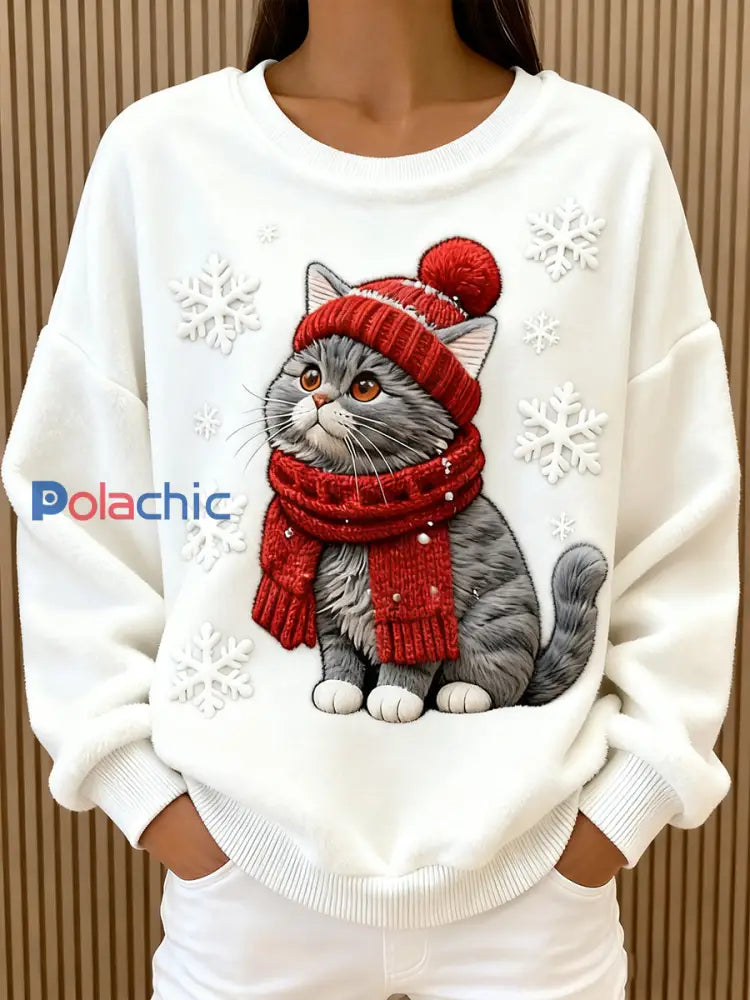 Mignon de Noël Cat Art Print Casual Flanelle Hoodie des femmes Blanc / S