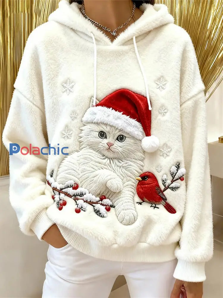 Mignon de Noël Cat Art Print Casual Flanelle Hoodie des femmes Blanc / S