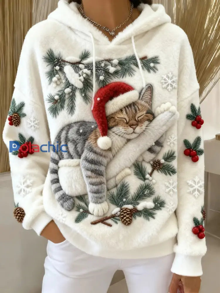 Mignon de Noël Cat Art Print Casual Flanelle Hoodie des femmes Blanc / S