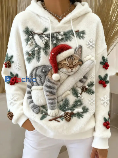 Mignon de Noël Cat Art Print Casual Flanelle Hoodie des femmes Blanc / S