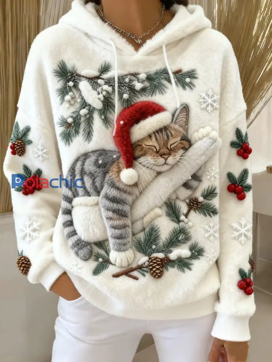 Mignon de Noël Cat Art Print Casual Flanelle Hoodie des femmes Blanc / S