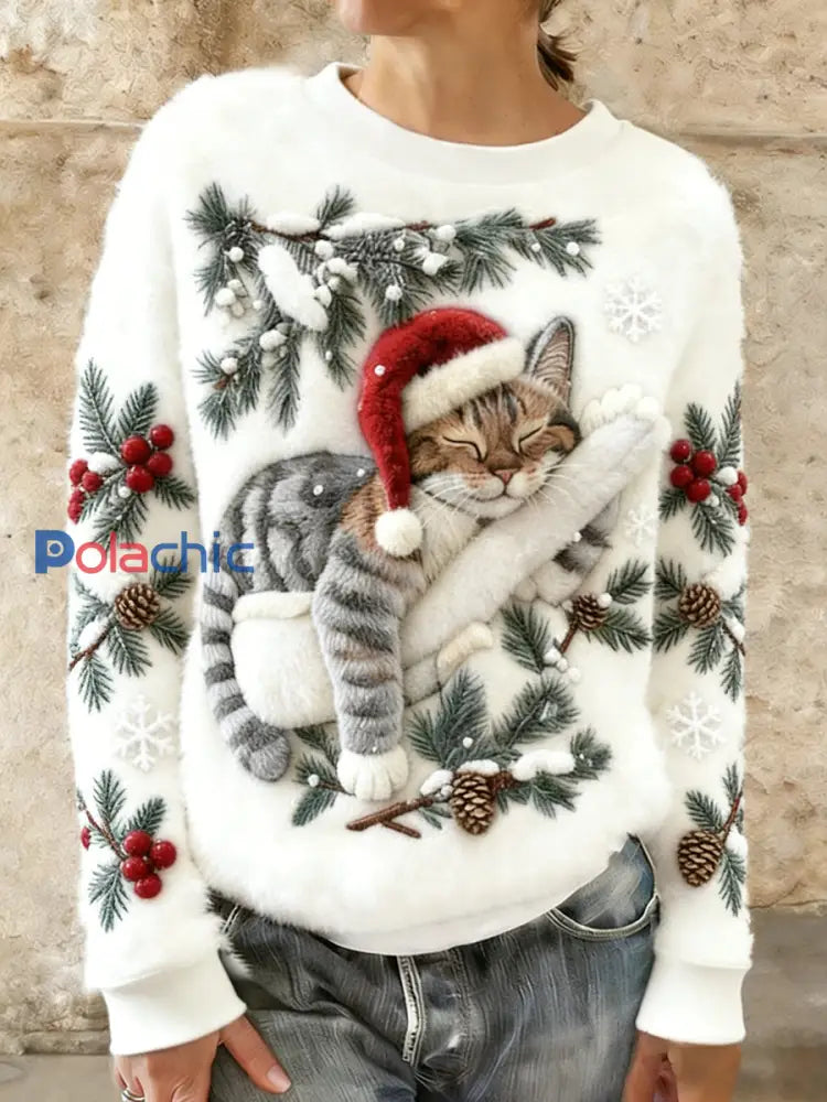 Mignon de Noël Cat Art Print Casual Flanelle Hoodie des femmes Blanc / S