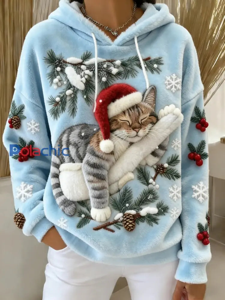 Mignon de Noël Cat Art Print Casual Flanelle Hoodie des femmes Bleu Clair / S