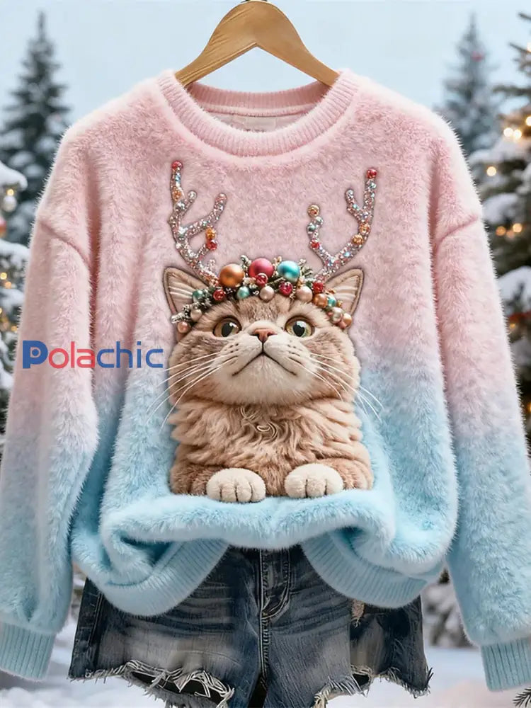 Mignon de Noël Cat Art Print Casual Flanelle Hoodie des femmes comme image / S