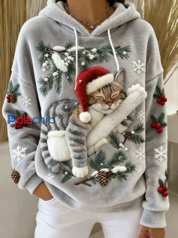 Mignon de Noël Cat Art Print Casual Flanelle Hoodie des femmes Gris Clair / S