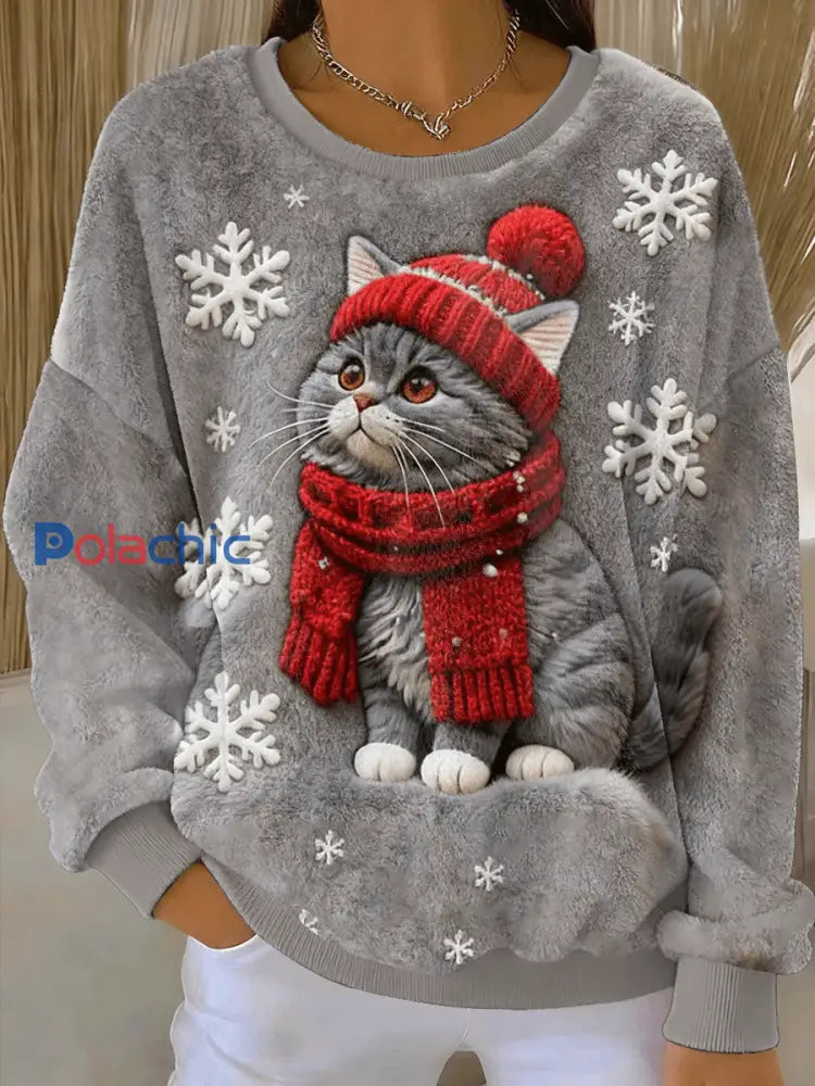 Mignon de Noël Cat Art Print Casual Flanelle Hoodie des femmes Gris / S