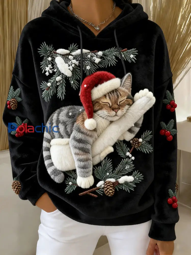 Mignon de Noël Cat Art Print Casual Flanelle Hoodie des femmes Noir / S