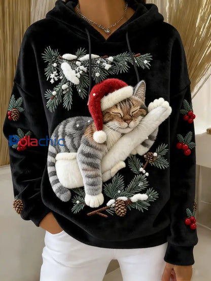 Mignon de Noël Cat Art Print Casual Flanelle Hoodie des femmes Noir / S