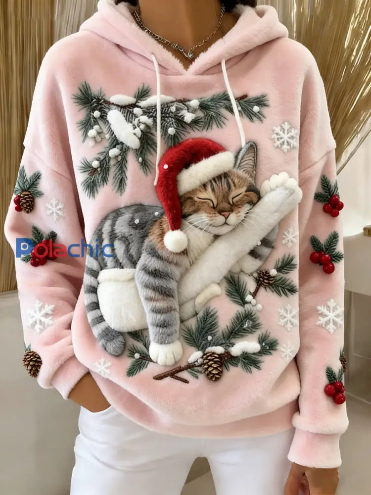Mignon de Noël Cat Art Print Casual Flanelle Hoodie des femmes Rose Clair / S