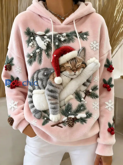 Mignon de Noël Cat Art Print Casual Flanelle Hoodie des femmes Rose Clair / S