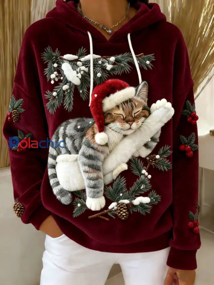 Mignon de Noël Cat Art Print Casual Flanelle Hoodie des femmes Vin Rouge / S