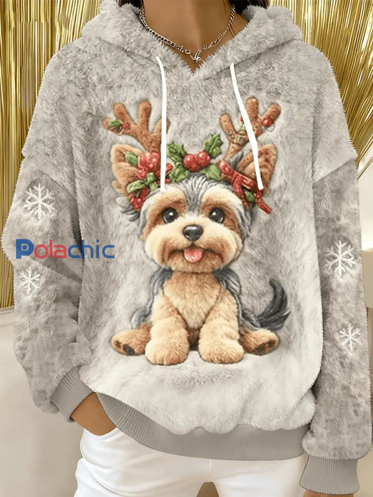 Mignon de Noël chien Art Print Casual Flanelle Hoodie des femmes comme image / S