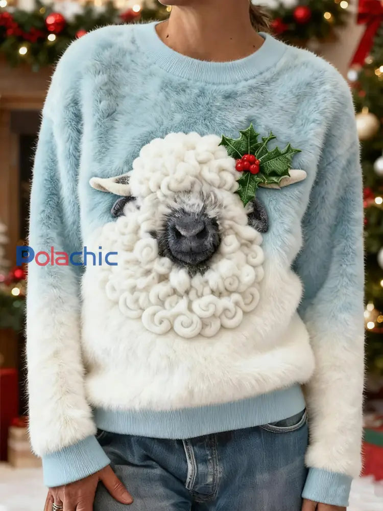 Mignon de Noël des femmes de moutons Art Print Casual Flanelle Sweatshirt comme image / S