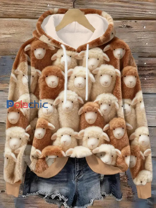 Mignon Mouton Imprimer Casual Flanelle Hoodie des femmes Couleur Caramel / S