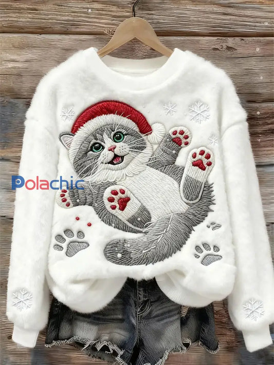 Mignon Noël Chat Art Imprimer Flanelle Casual Sweatshirt Blanc / S